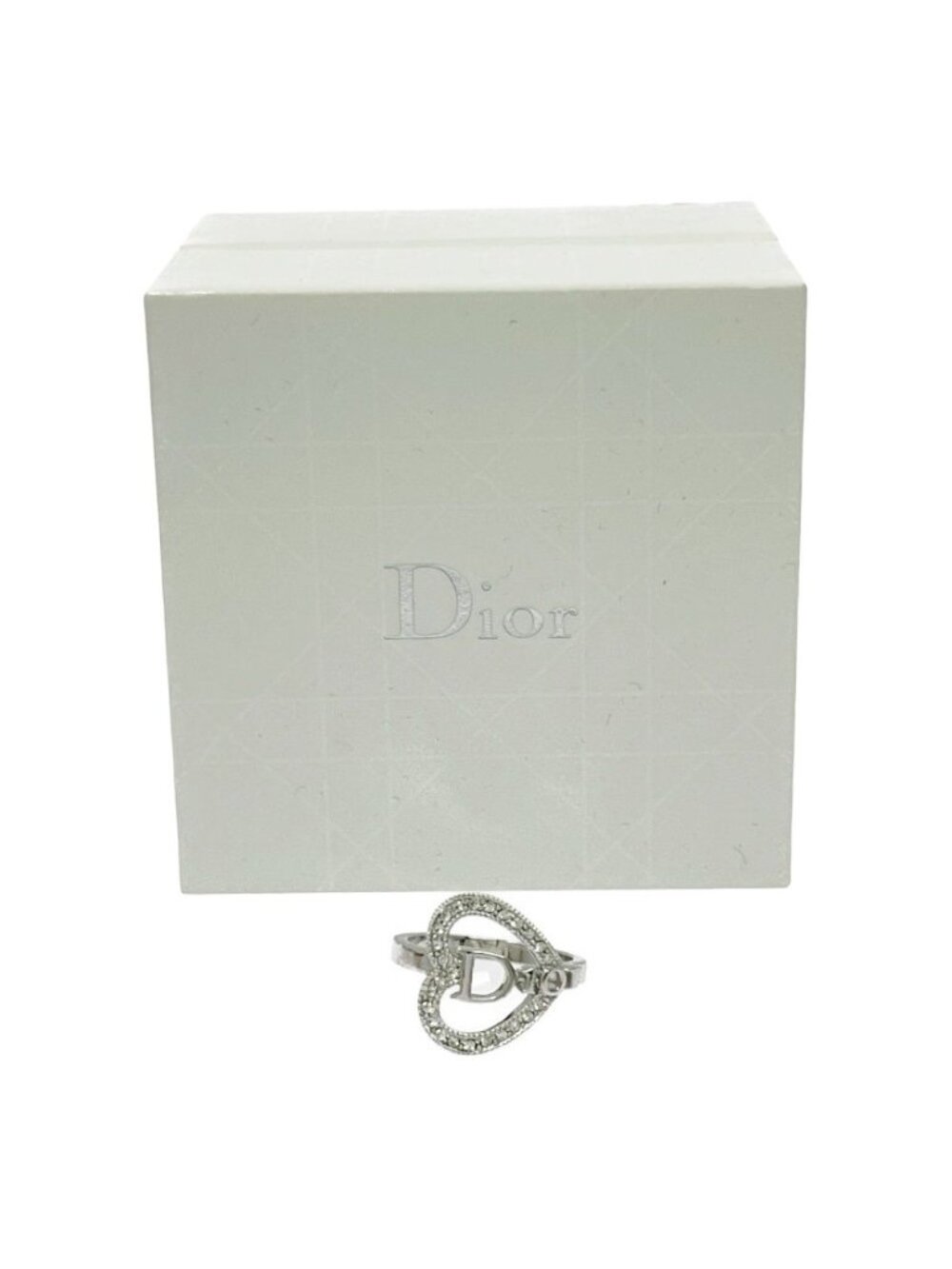 Dior Metal Rhinestone Heart Logo Ring Silver